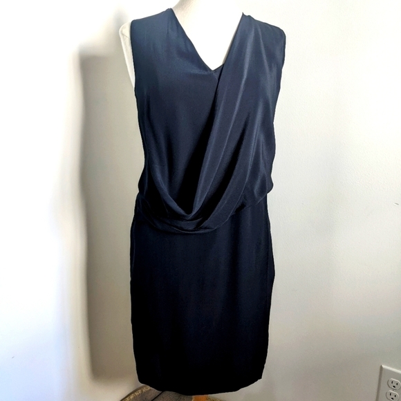 BLACK Silk Draped Wrap Midi Dress S Katherine Barclay - Picture 1 of 12